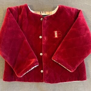 Like New Burberry baby quilted believer jacket, burgundy, 12 months.